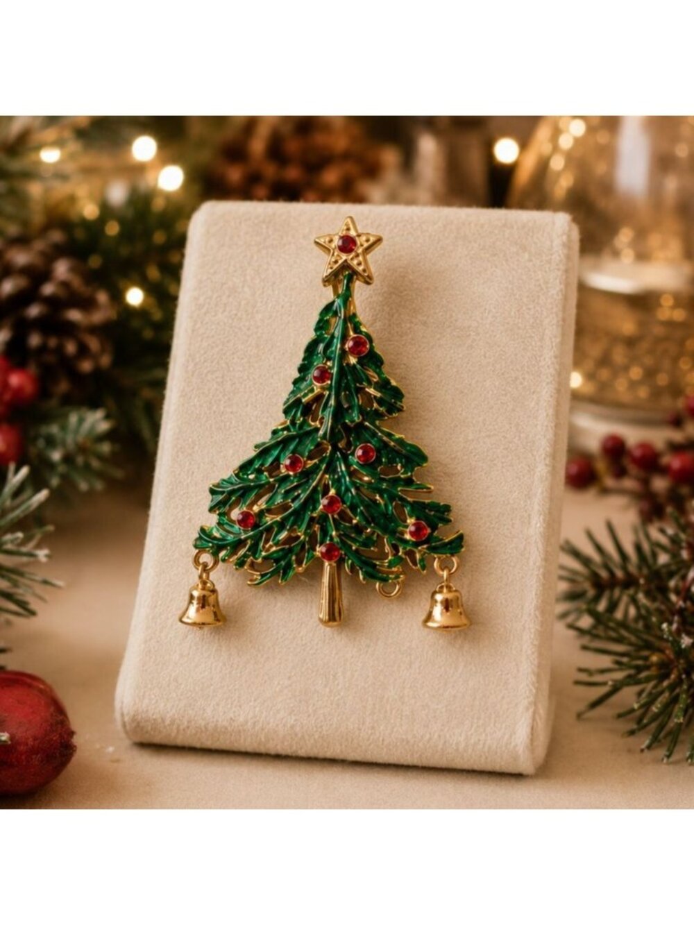 Classic Christmas Tree Brooch VTG Green Enamel Red Rhinestone Dangle Bells Pin